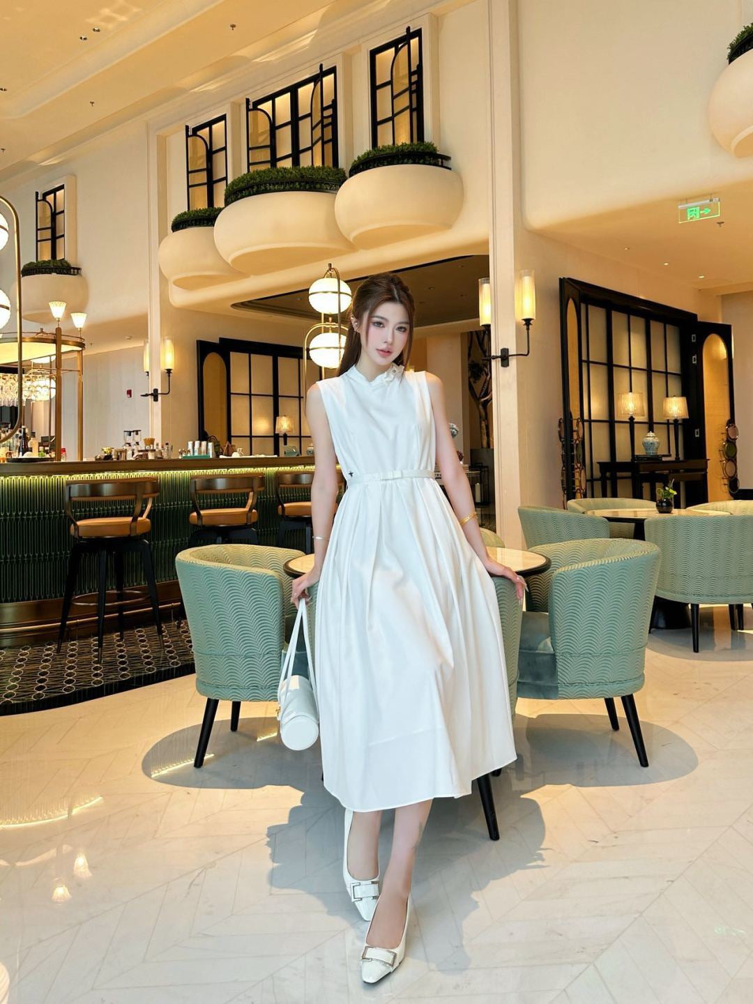 26SS NEW Bow-embellished long sleeveless dress