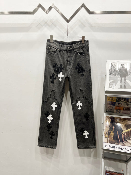 🔥HOT🔥26SS NEW VIP custom-made double-knee leather flame high street cross jeans