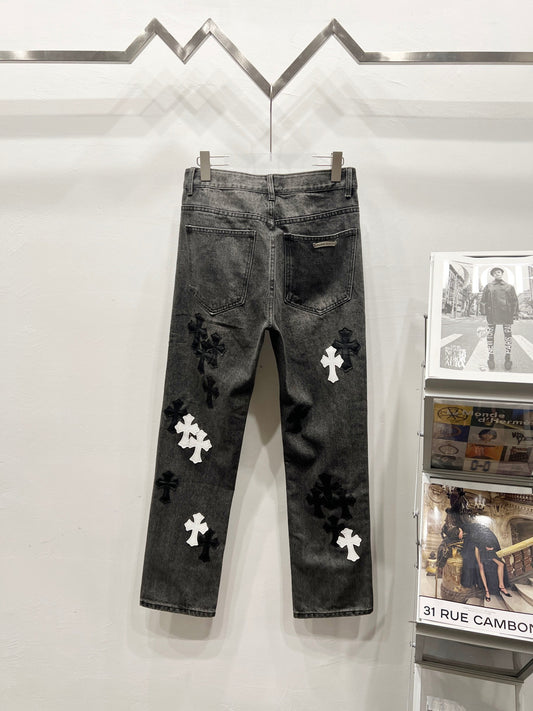 🔥HOT🔥26SS NEW VIP custom-made double-knee leather flame high street cross jeans