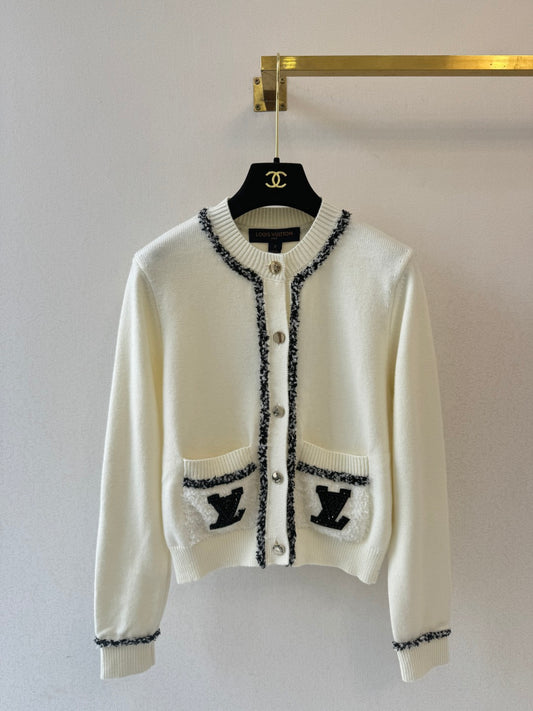 26SS NEW Contrast color jacquard beading round neck knitted long-sleeved cardigan
