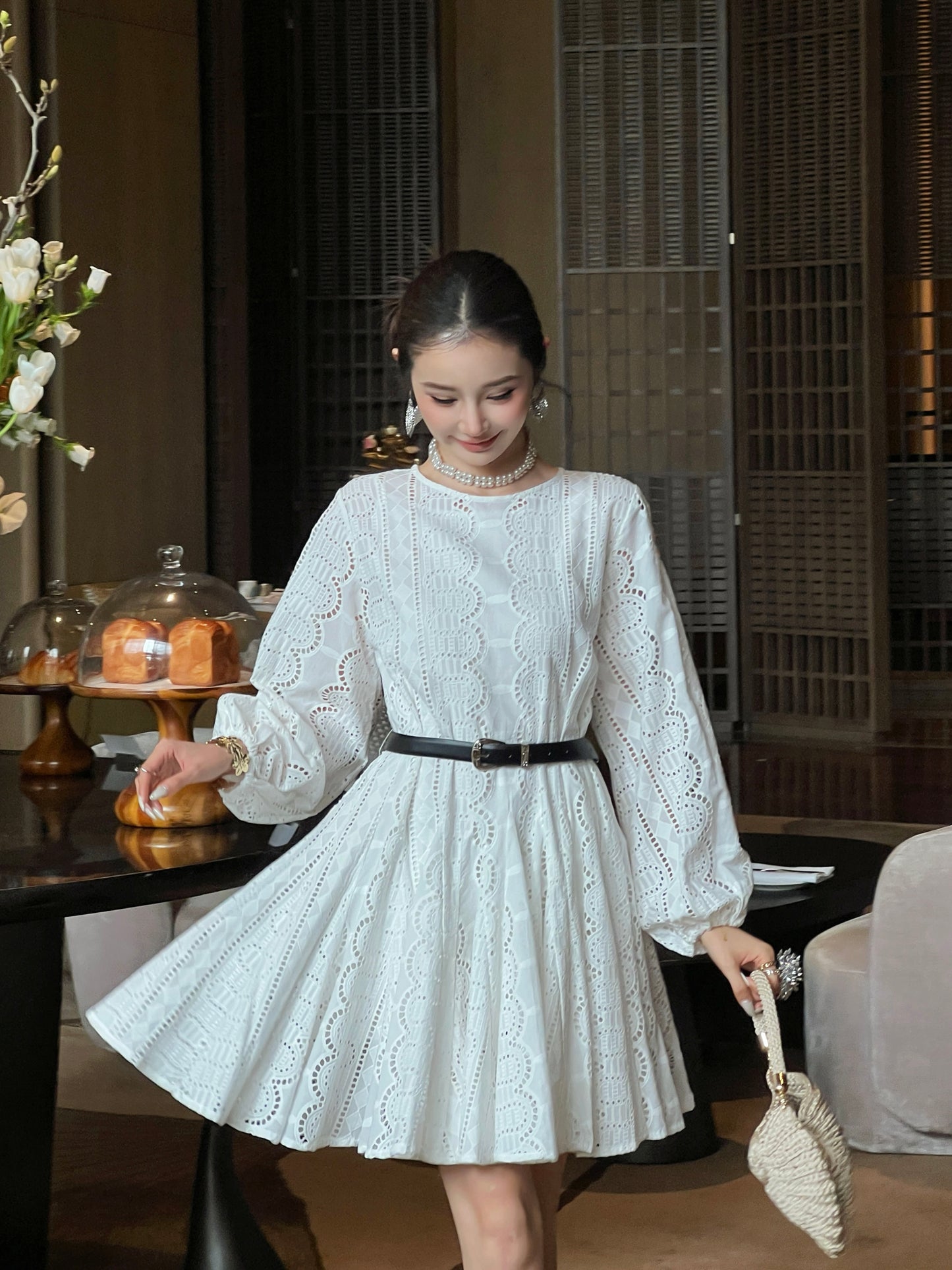 26SS NEW Heavy embroidery umbrella-shaped large skirt dress