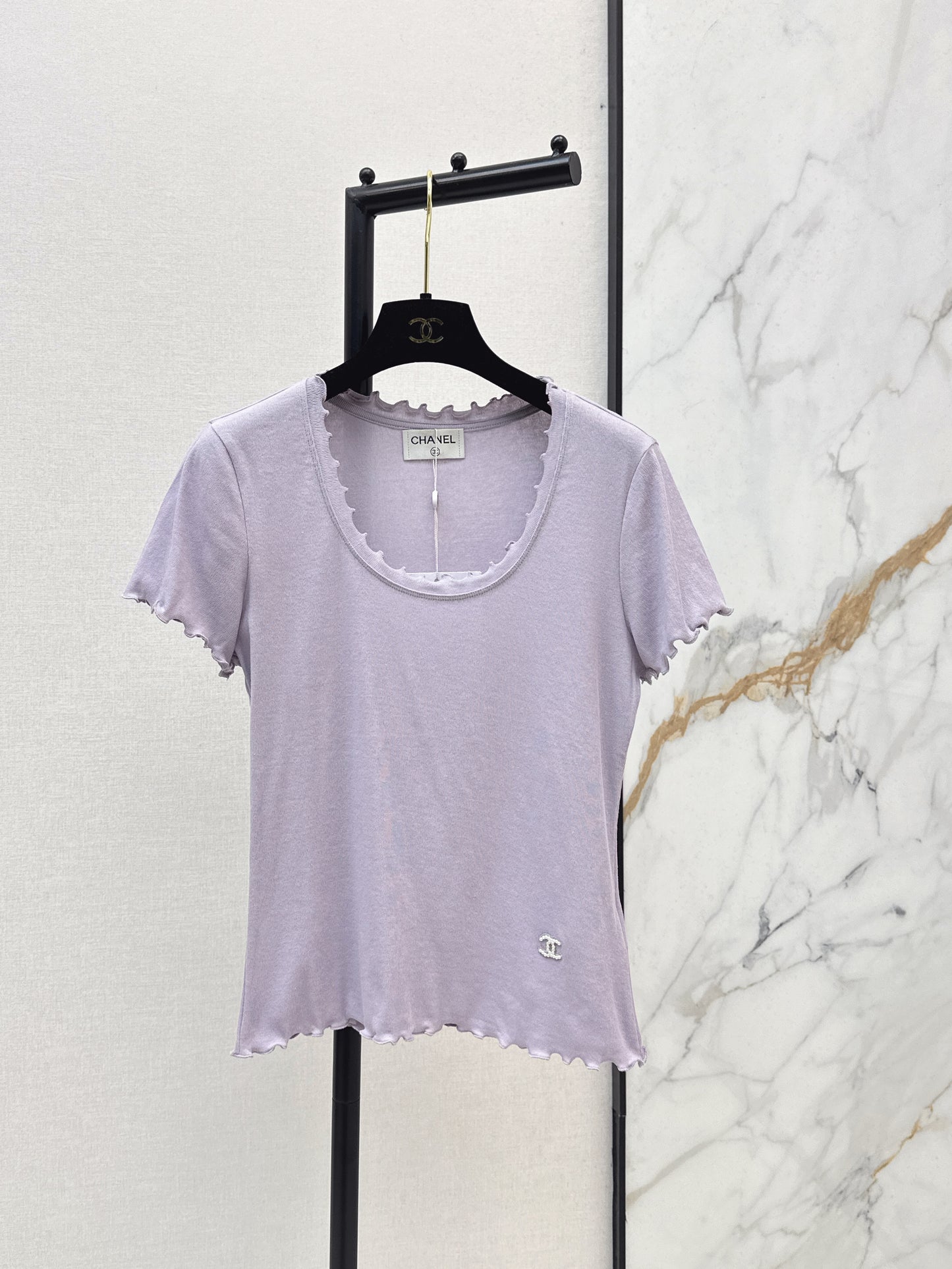 26SS NEW Classic logo beaded wavy edge U-neck T-shirt