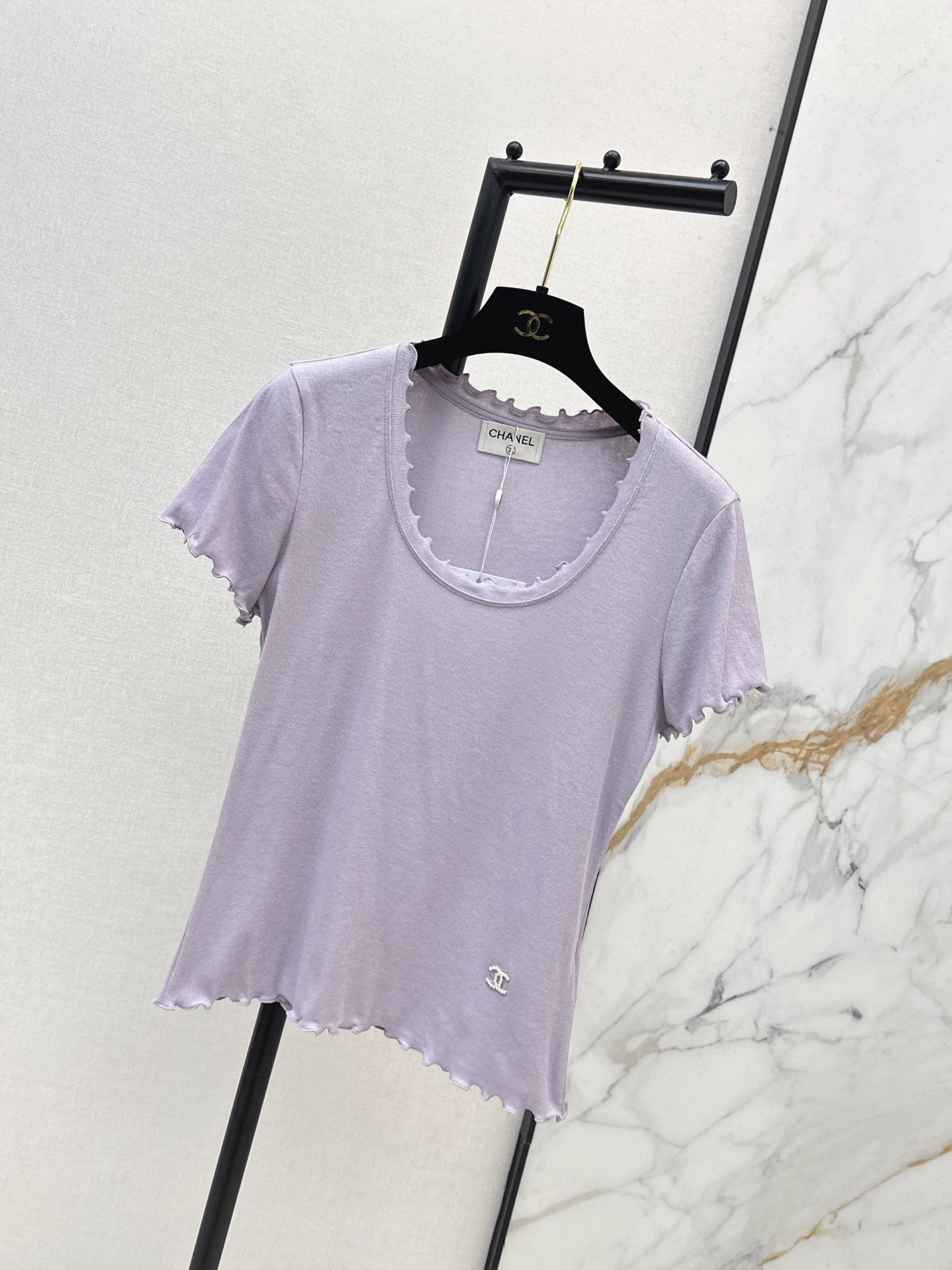 26SS NEW Classic logo beaded wavy edge U-neck T-shirt