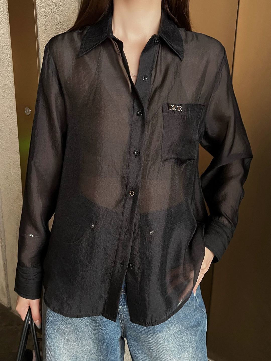 26SS NEW Hardware decorated micro see-through shirt