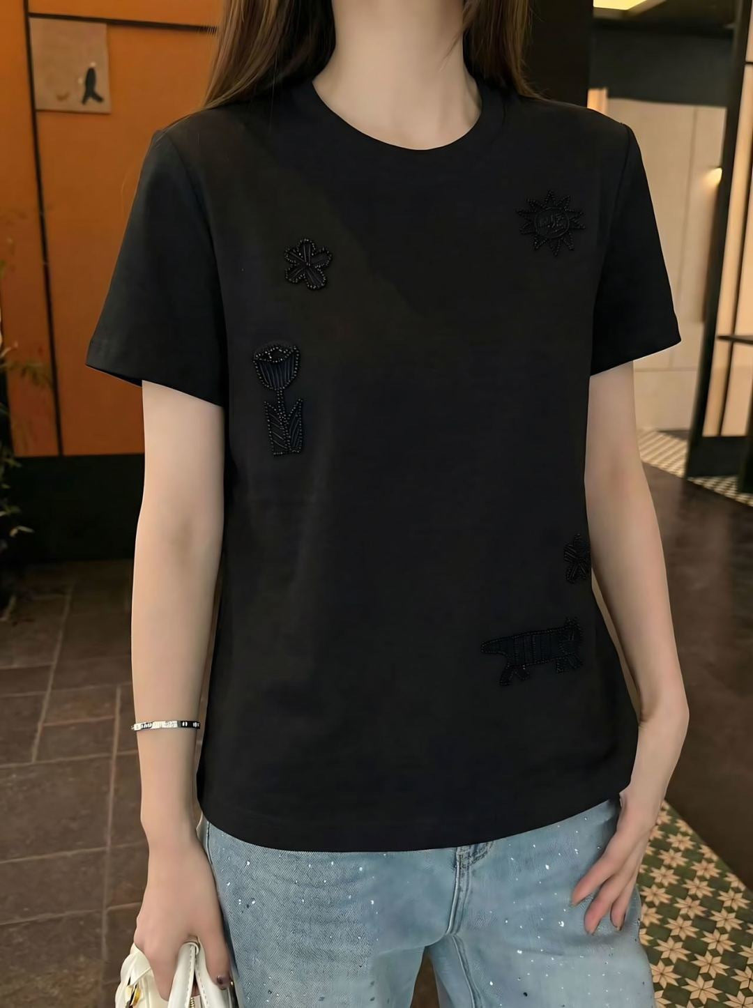 26SS NEUES Besticktes Perlen-T-Shirt mit kurzen Ärmeln