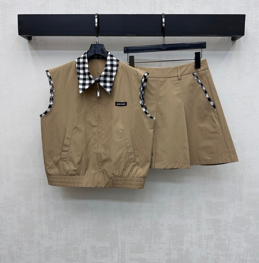 26SS NEW Plaid patchwork vest and skirt suit