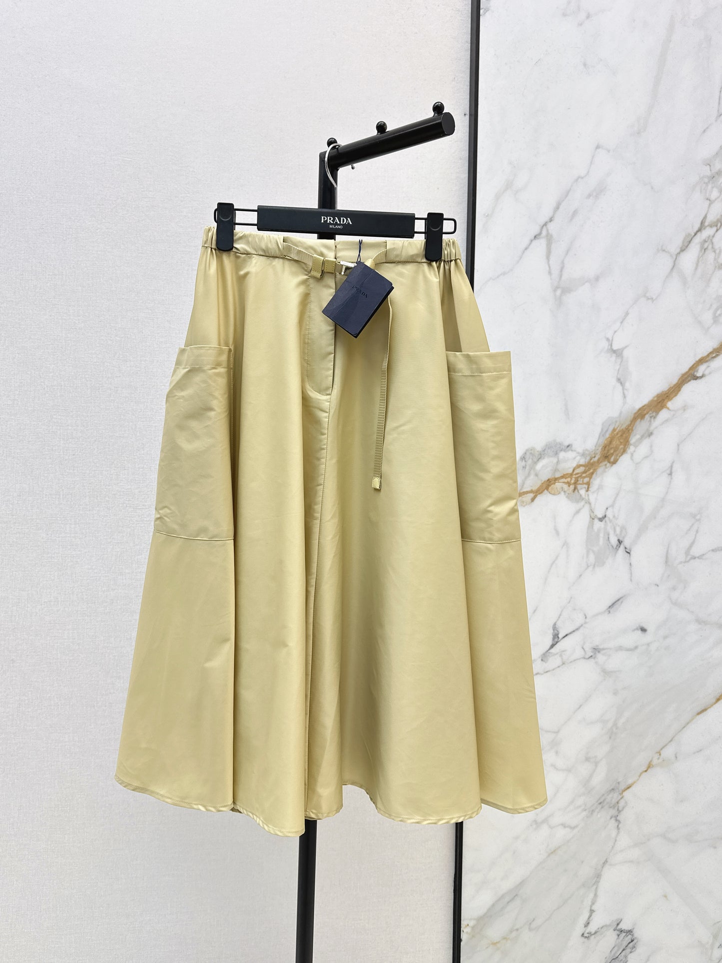 26SS NEW Khaki elastic waist nylon long skirt