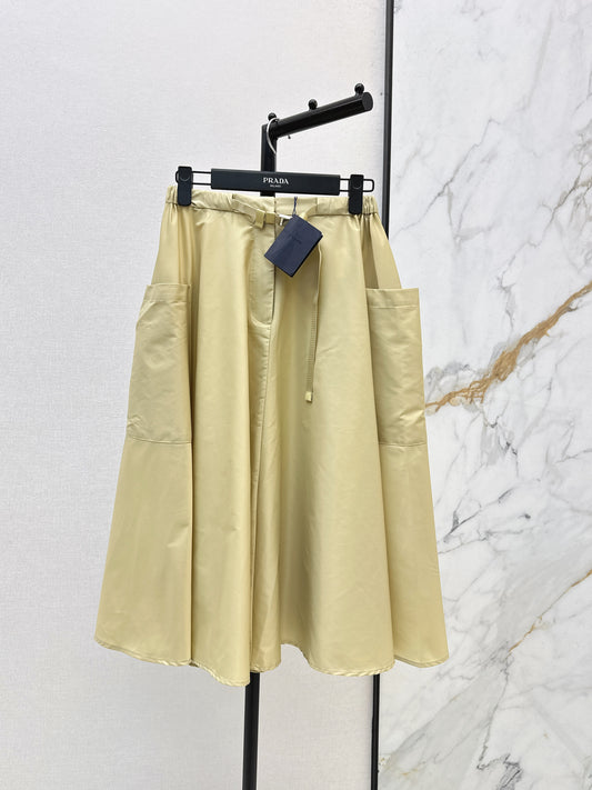 26SS NEW Khaki elastic waist nylon long skirt