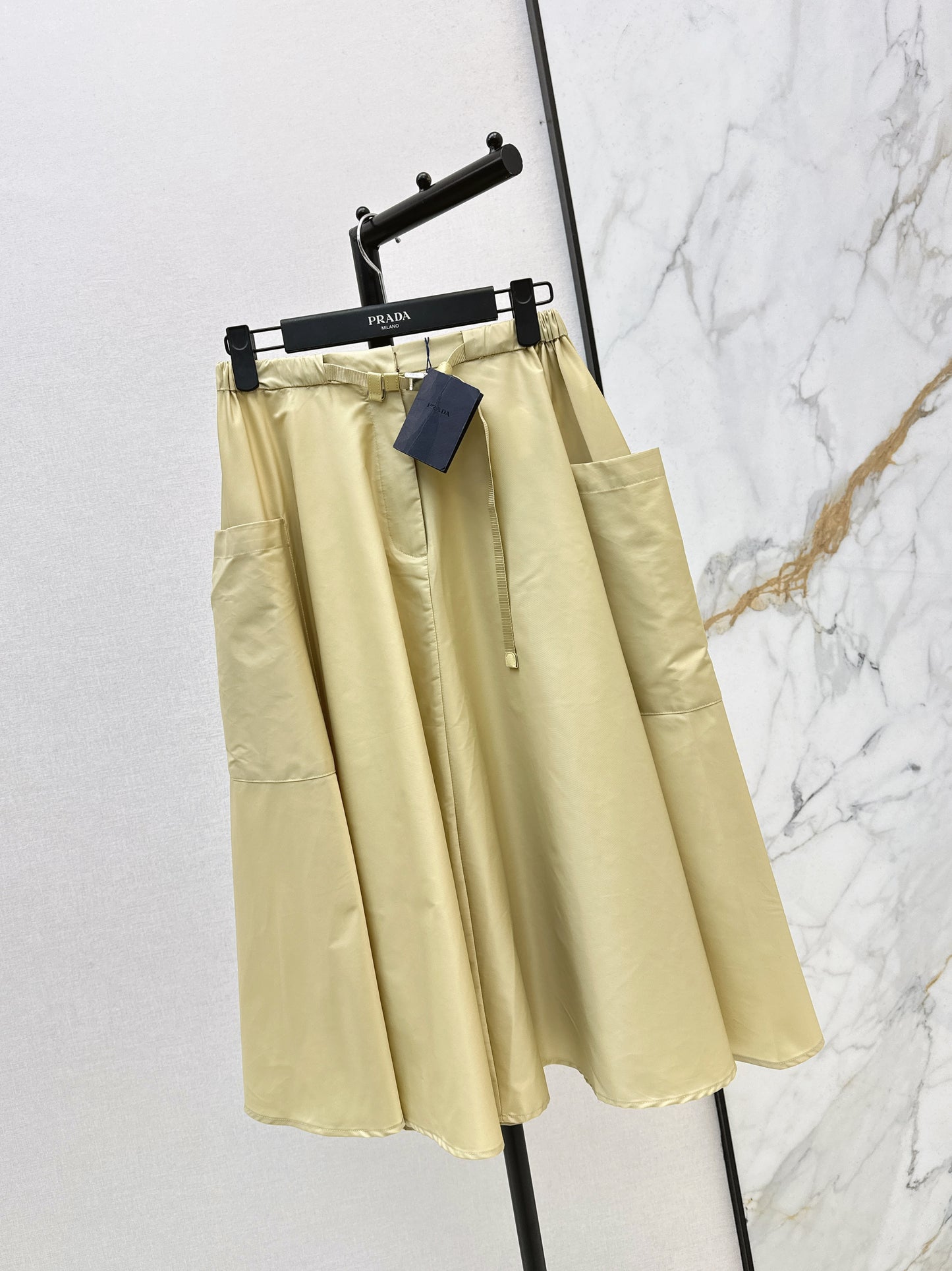 26SS NEW Khaki elastic waist nylon long skirt