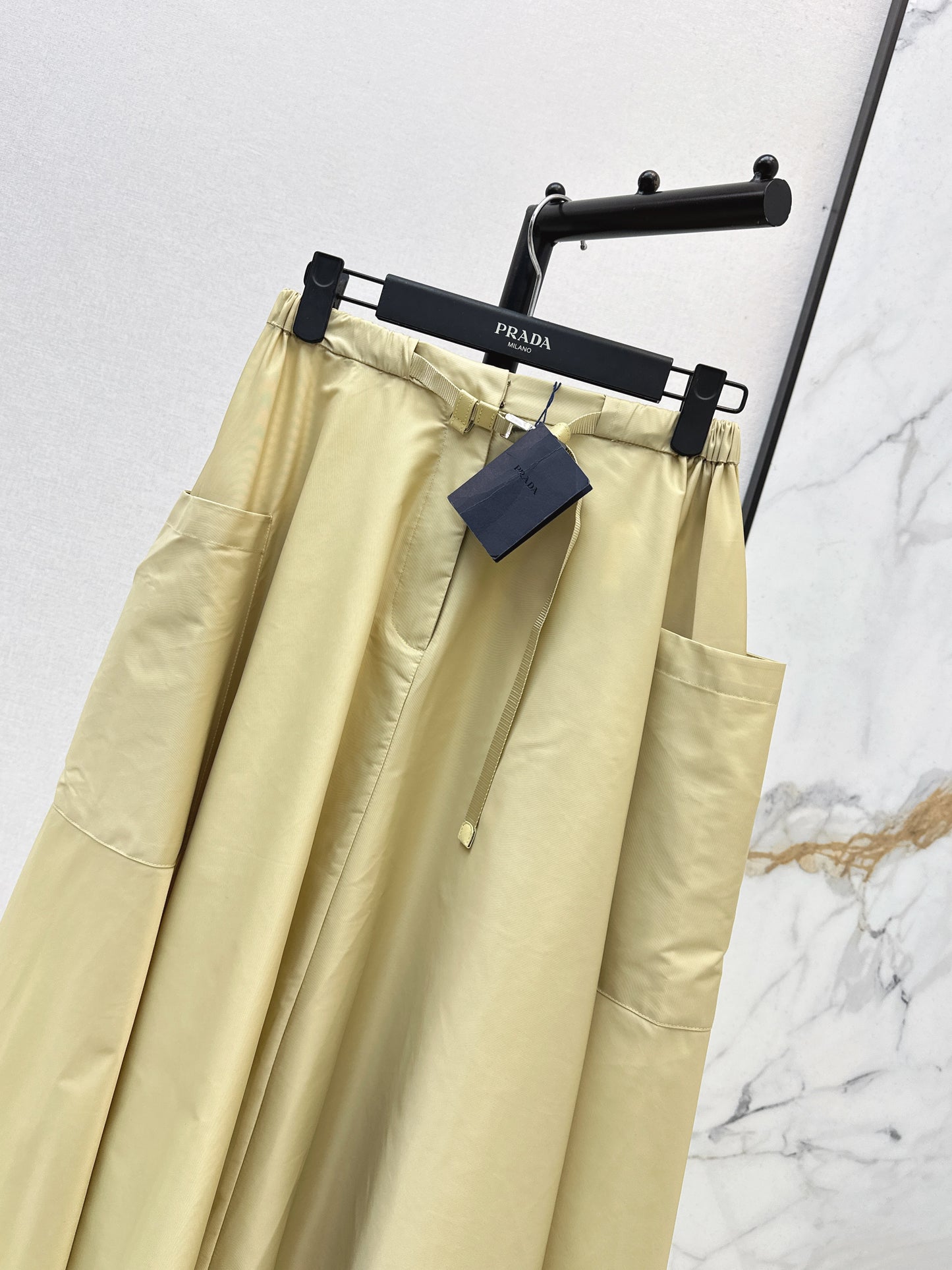26SS NEW Khaki elastic waist nylon long skirt