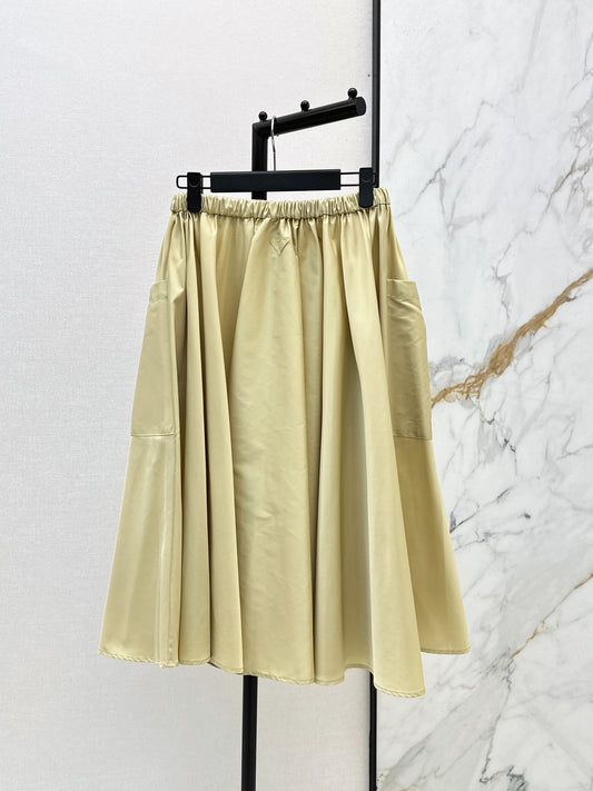 26SS NEW Khaki elastic waist nylon long skirt