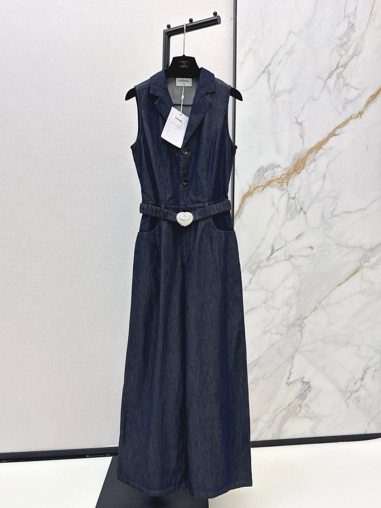 26SS NEW Customized love belt decorated Tencel denim jumpsuit