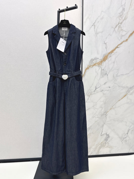 26SS NEW Customized love belt decorated Tencel denim jumpsuit