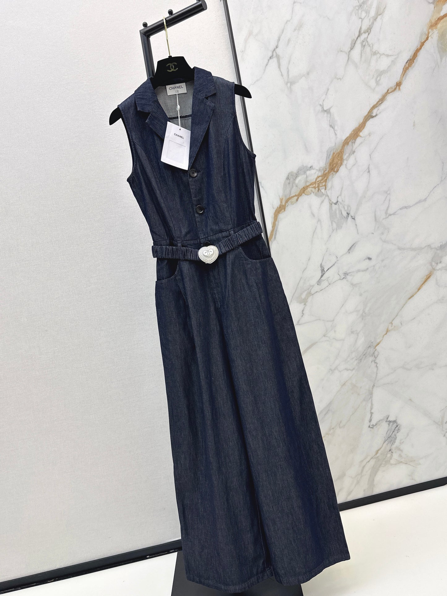 26SS NEW Customized love belt decorated Tencel denim jumpsuit