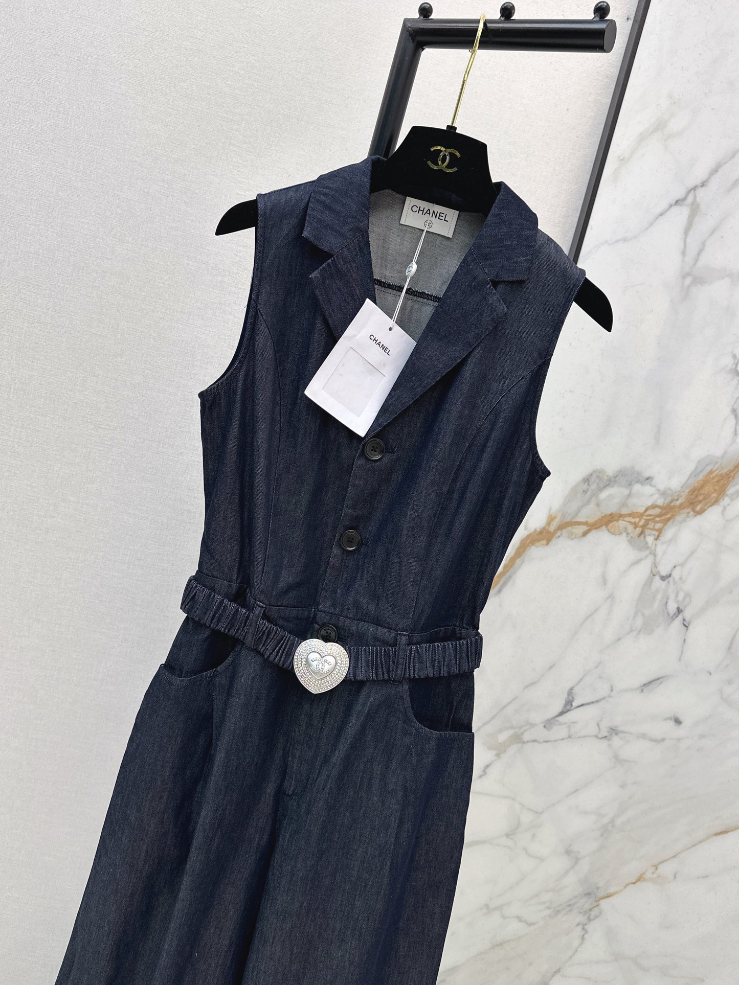 26SS NEW Customized love belt decorated Tencel denim jumpsuit