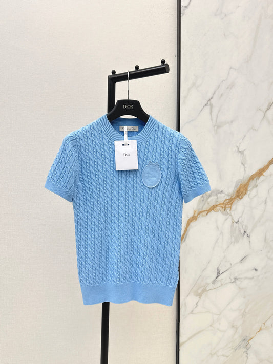 26SS NEW Summer blue round neck knitted short-sleeved sweater