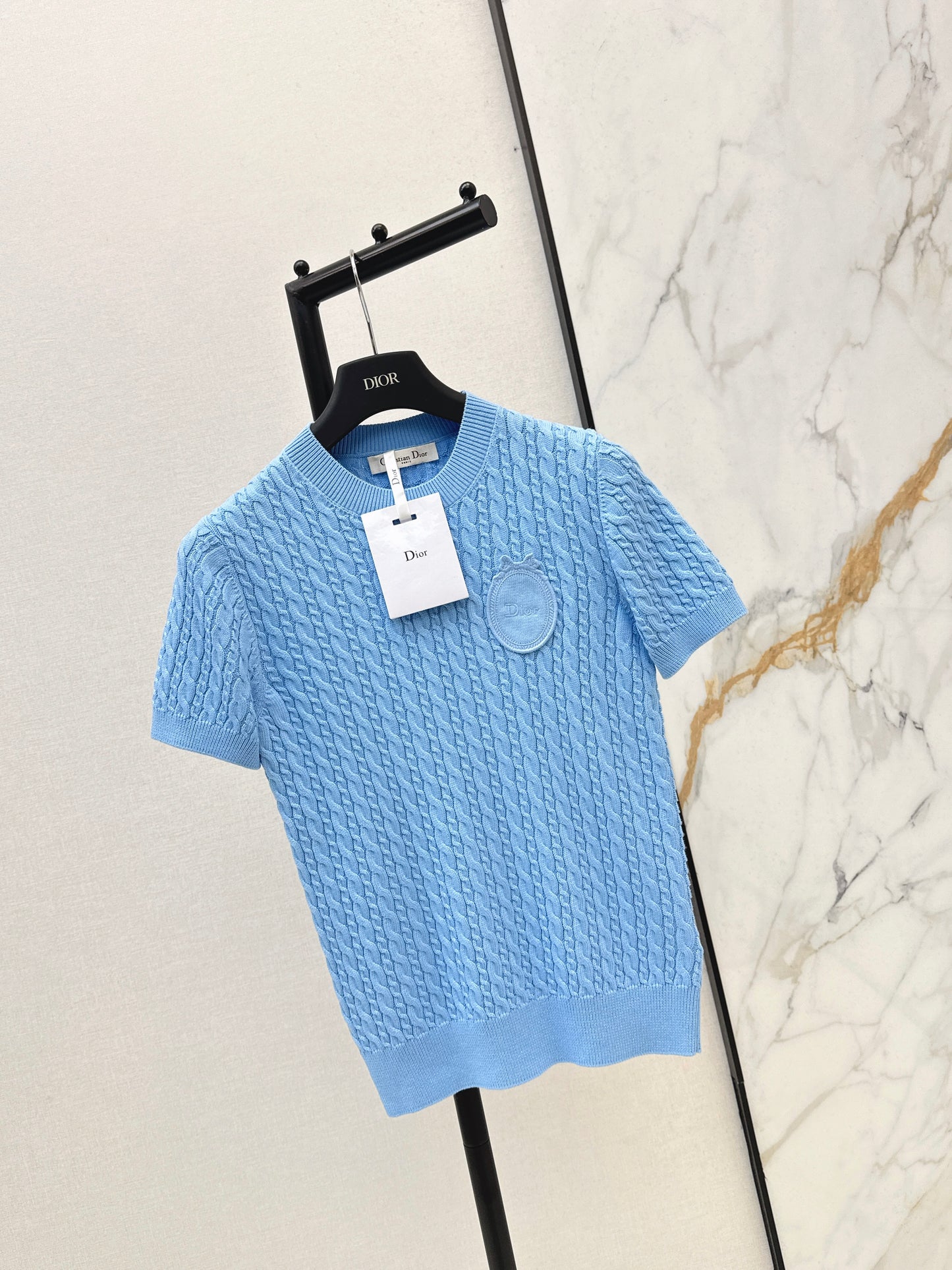 26SS NEU Sommer blauer Rundhals-Strickpullover mit kurzen Ärmeln