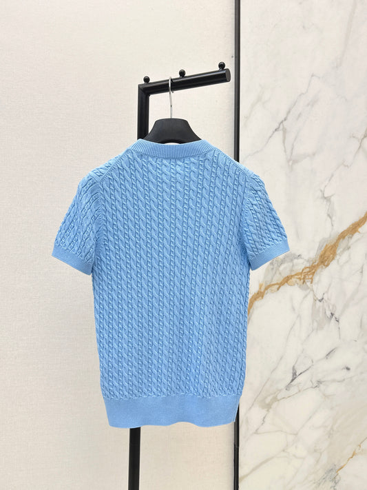 26SS NEW Summer blue round neck knitted short-sleeved sweater