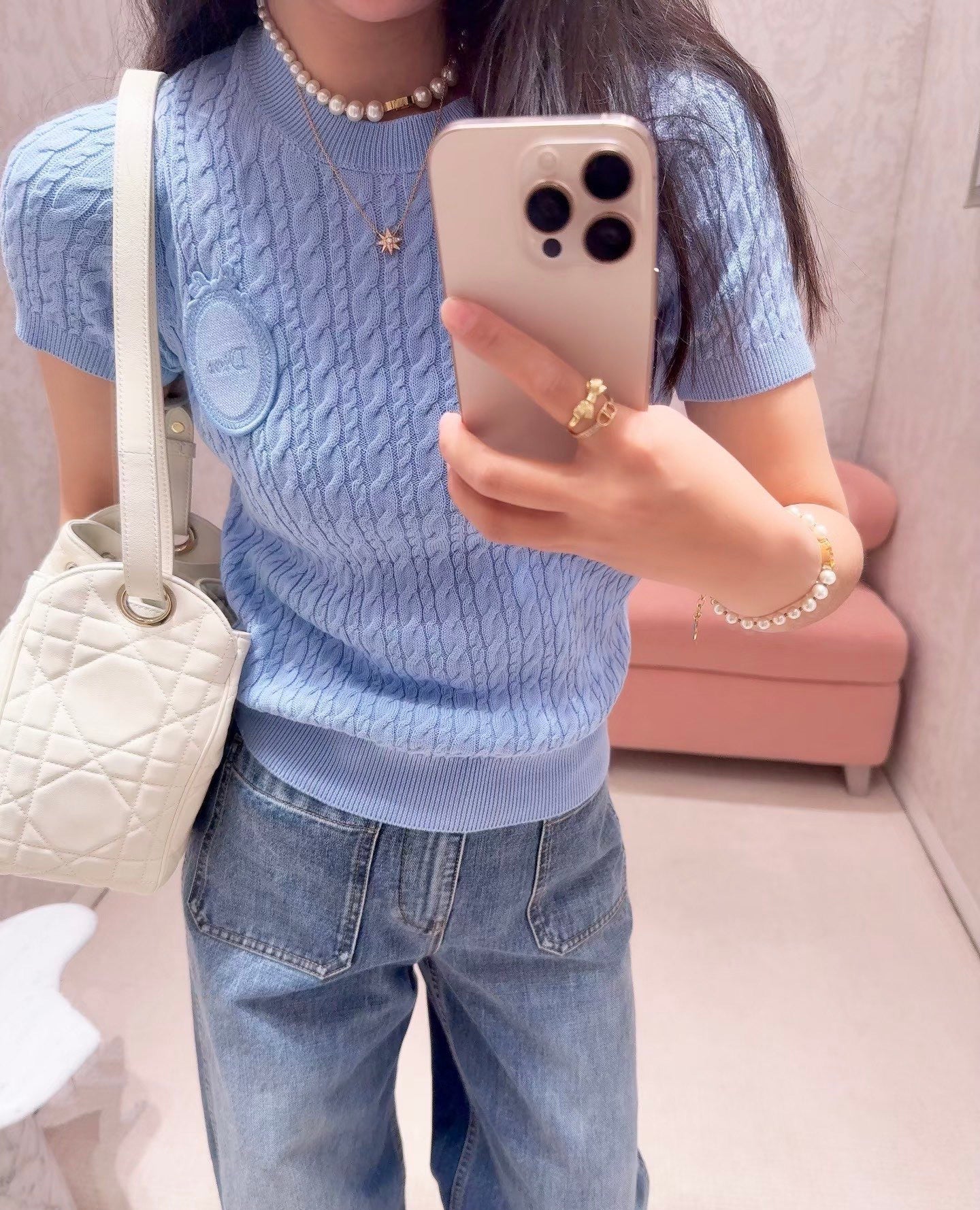 26SS NEU Sommer blauer Rundhals-Strickpullover mit kurzen Ärmeln