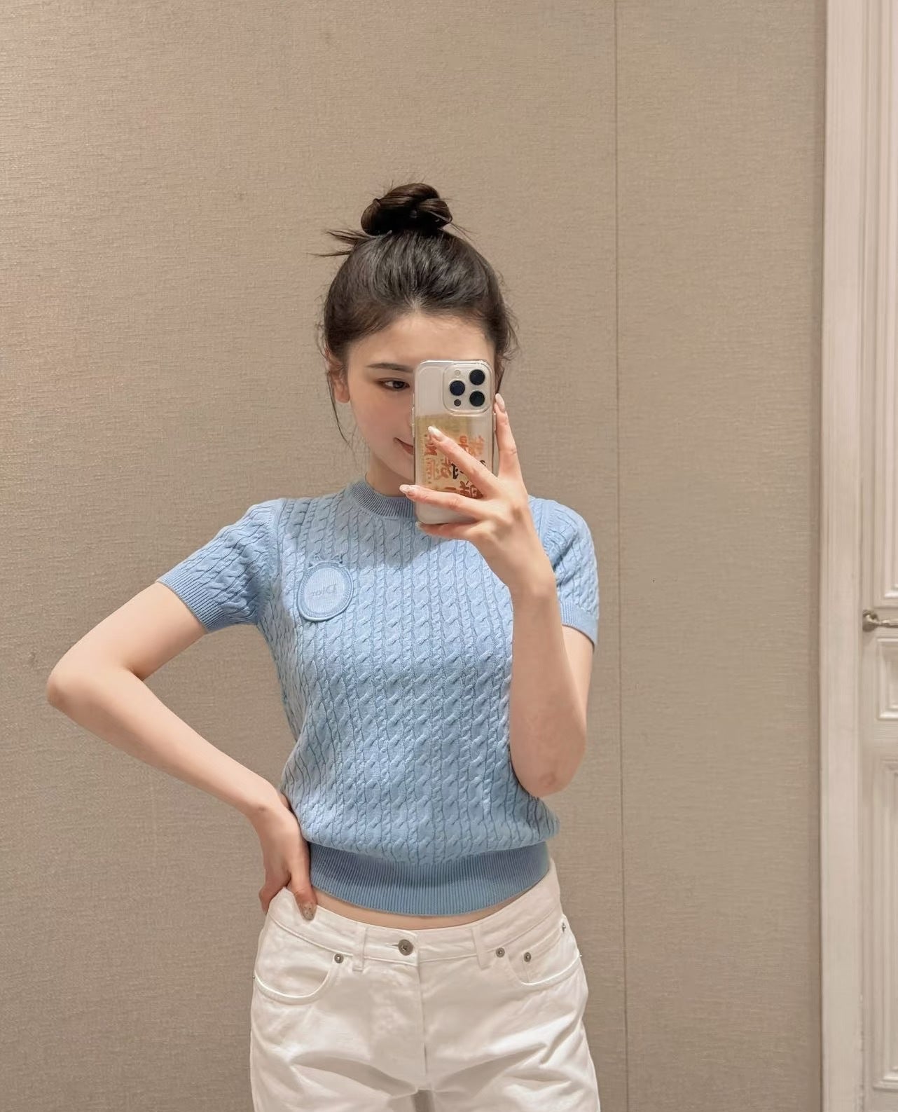 26SS NEU Sommer blauer Rundhals-Strickpullover mit kurzen Ärmeln