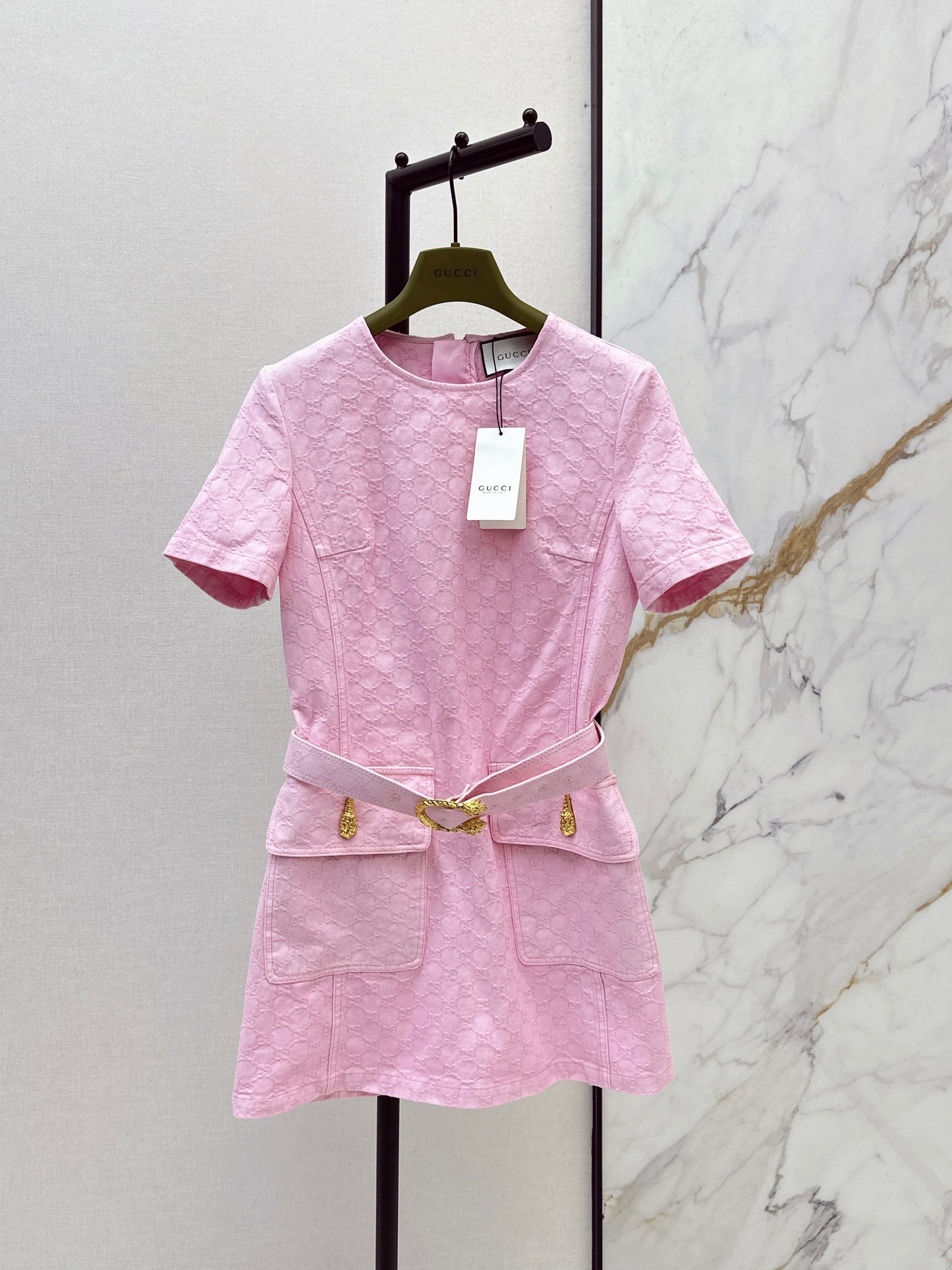 26SS NEW logo jacquard fabric pink denim dress