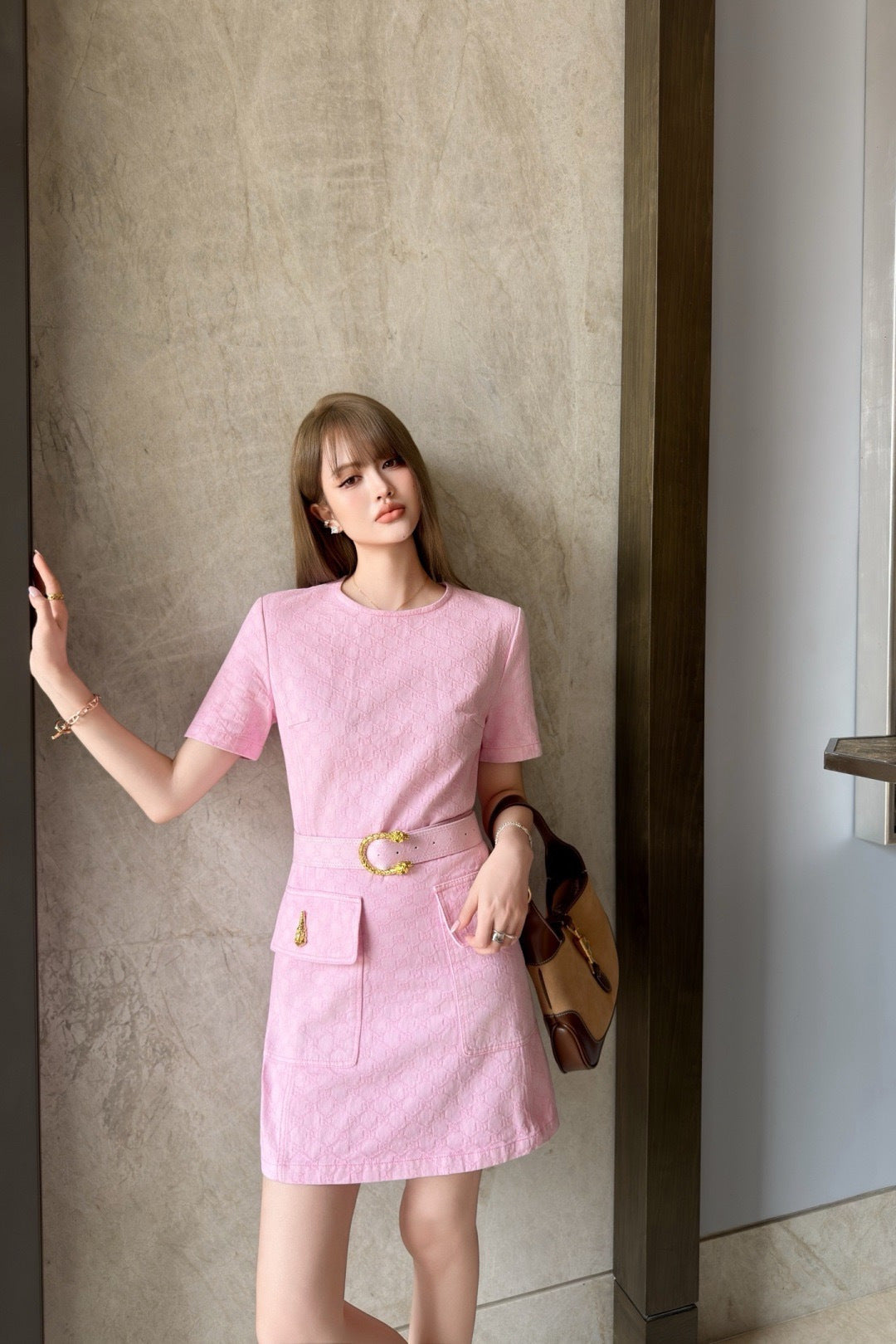 26SS NEW logo jacquard fabric pink denim dress