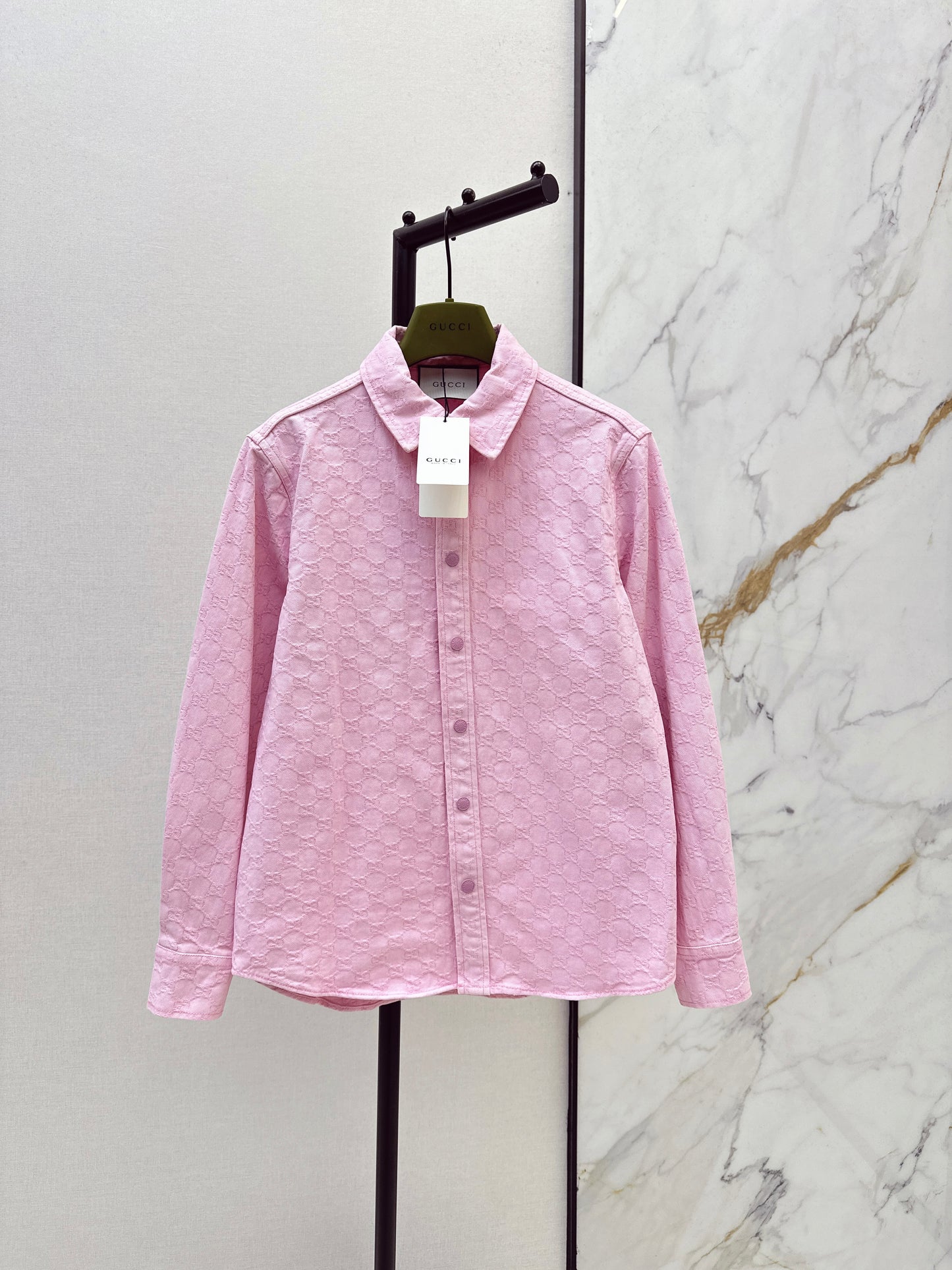 26SS NEW Logo-Jacquard-Gewebe rosa Denim-Hemd