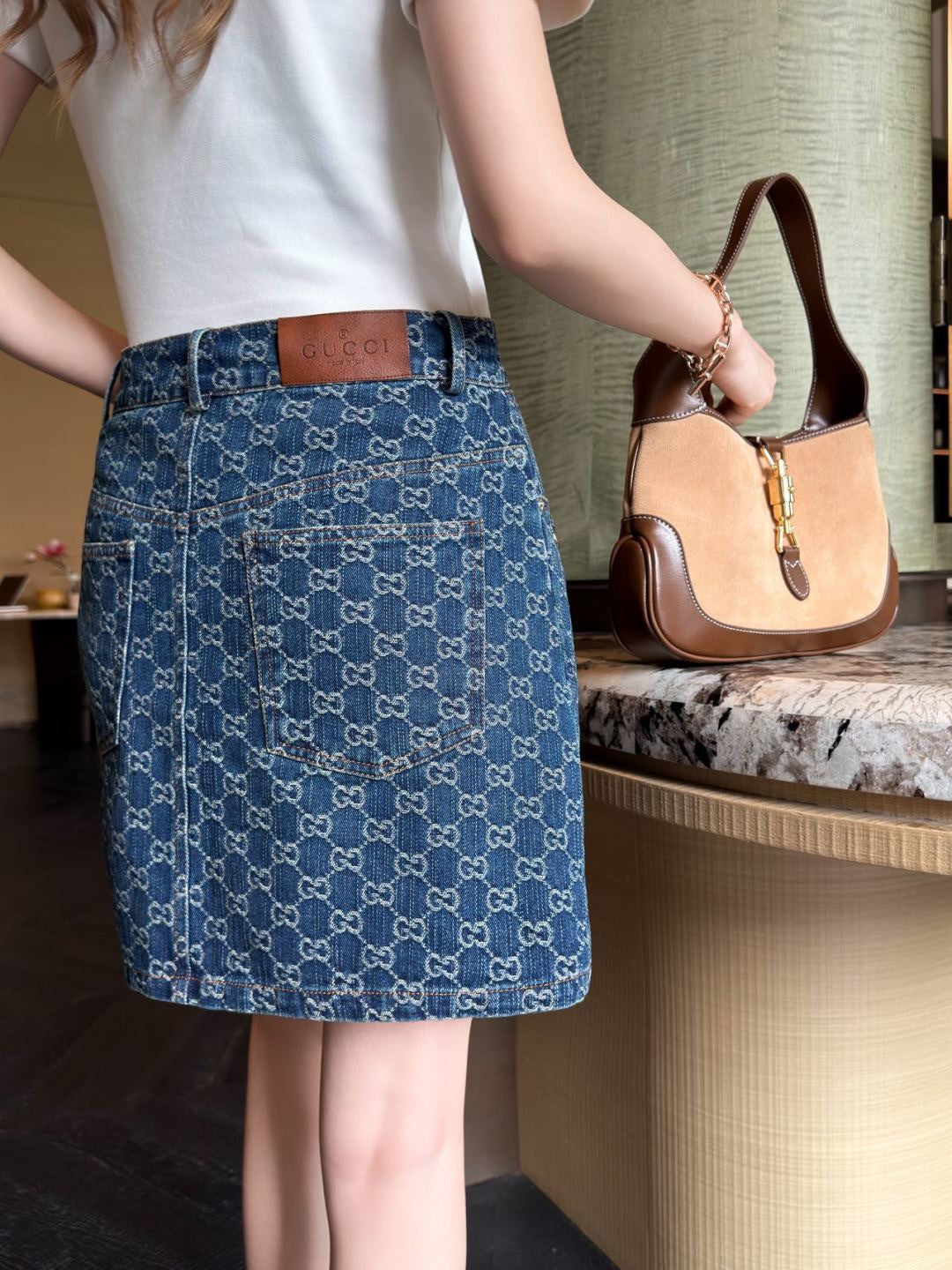 26SS NEW logo jacquard horseshoe buckle denim skirt