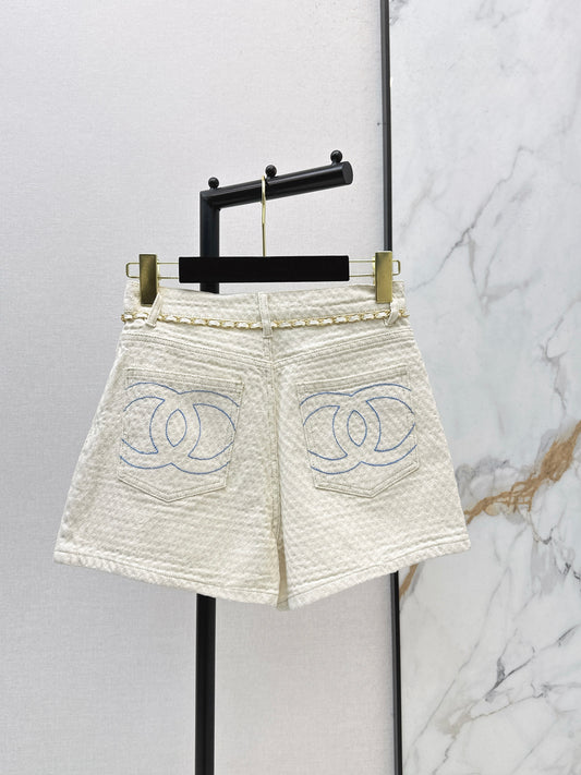 26SS NEW Hand-sewn woven metal waist chain shorts