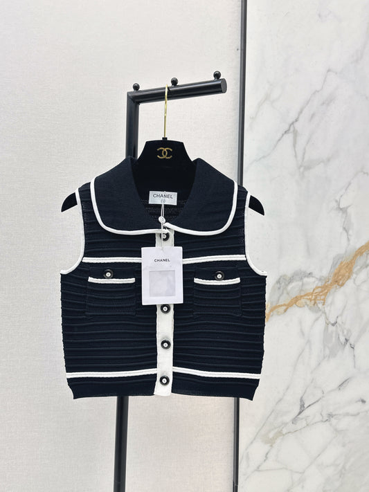 26SS NEW Contrast color line decoration doll collar knitted short sleeves
