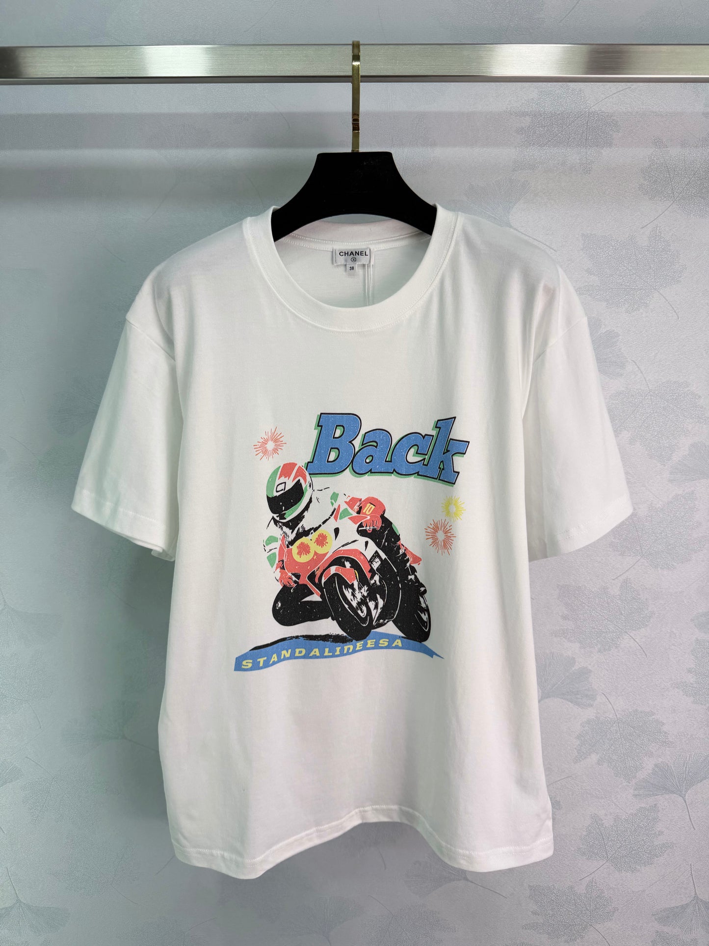 26SS NEUES blaues Motorrad-T-Shirt mit „Back“-Print