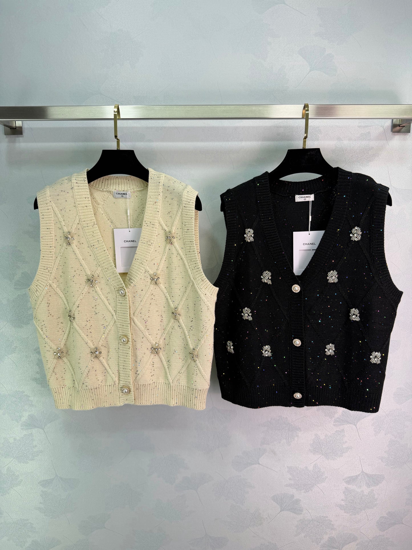 26SS NEW Diamond textured sequined beaded knitted vest