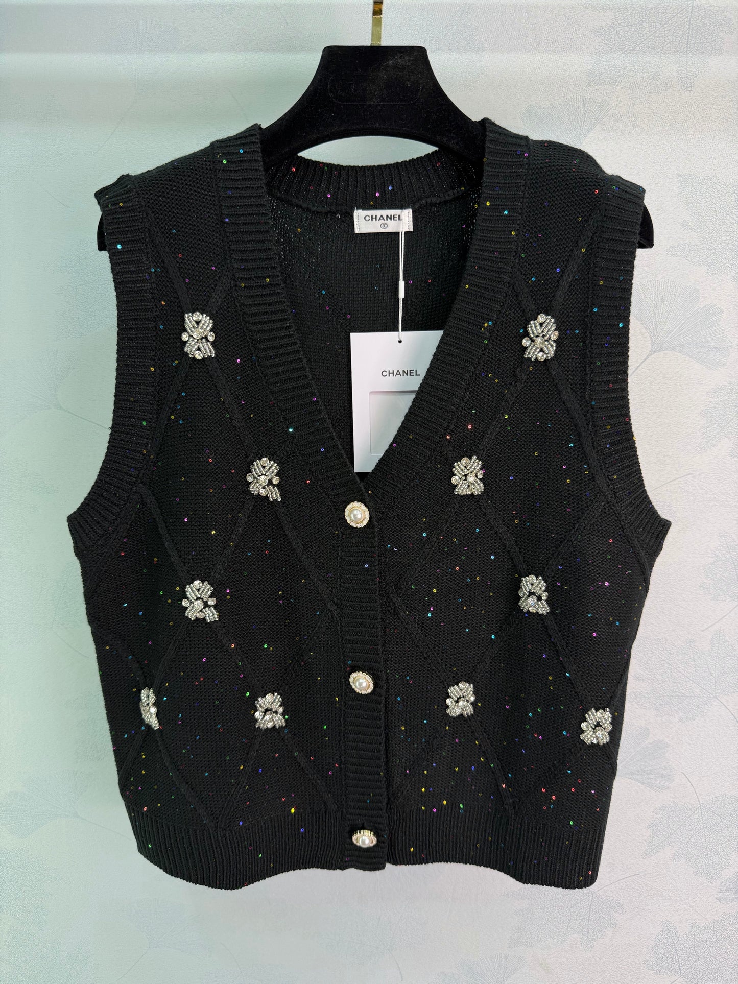 26SS NEW Diamond textured sequined beaded knitted vest