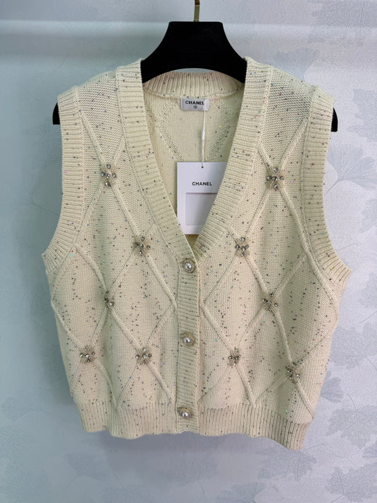 26SS NEW Diamond textured sequined beaded knitted vest