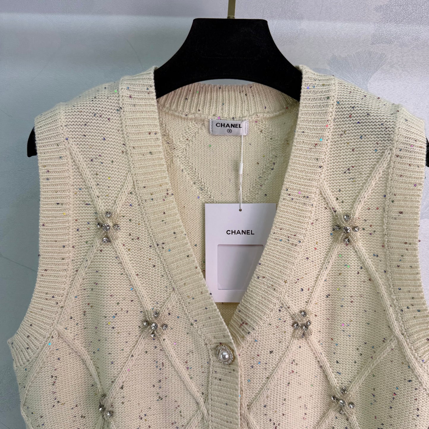 26SS NEW Diamond textured sequined beaded knitted vest