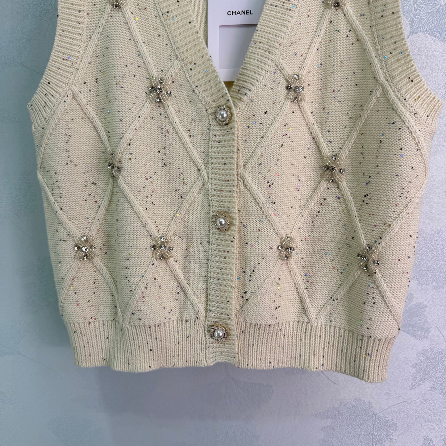 26SS NEW Diamond textured sequined beaded knitted vest