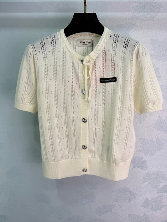 26SS NEW Round neck tie design short-sleeved cardigan