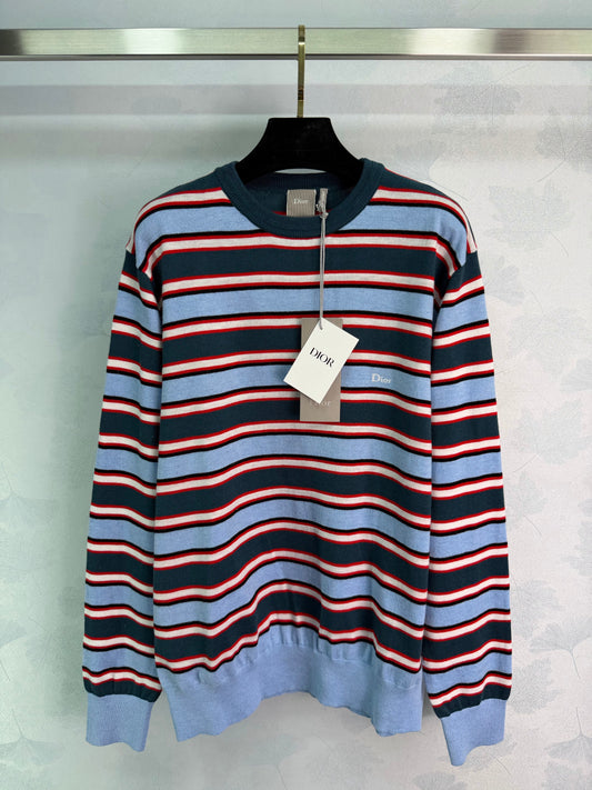 26SS NEW Blue, red and white wide striped sweater