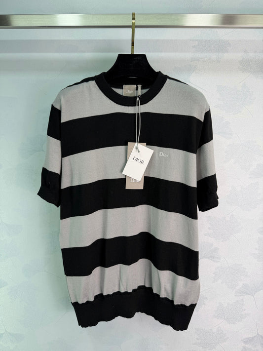 26SS NEW Black, white and gray contrast wide striped knitted short sleeves