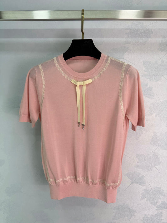 26SS NEW Light pink + yellow bow embellished knitted short sleeves