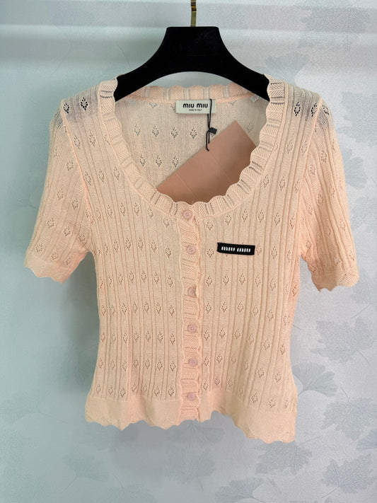 26SS NEW Hollow pattern ruffle neckline short-sleeved knitted cardigan