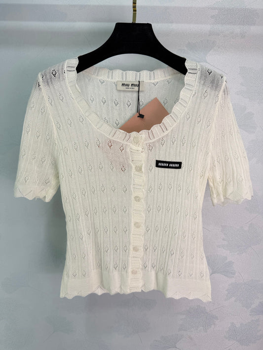 26SS NEW Hollow pattern ruffle neckline short-sleeved knitted cardigan