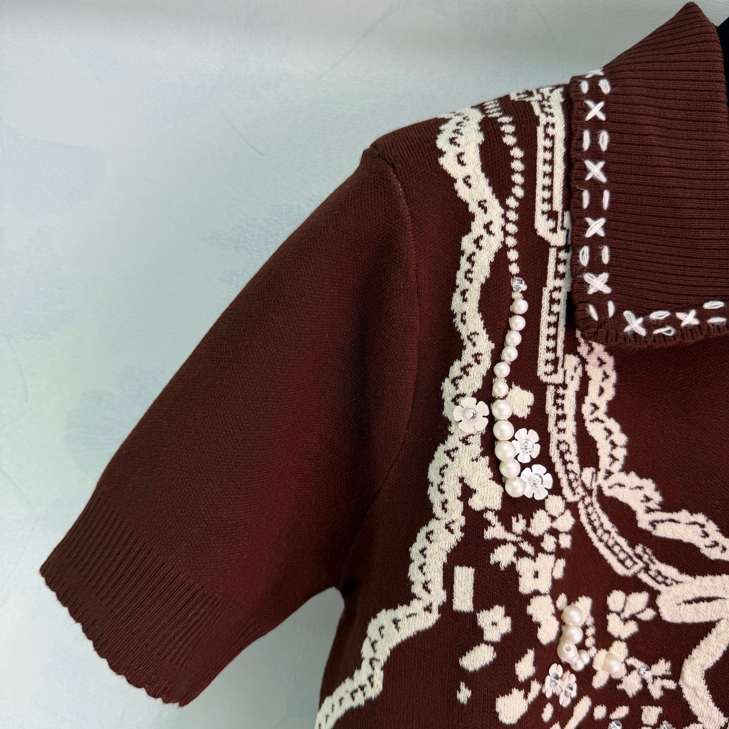 26SS NEU Retro Jacquard gestrickte Kurzarm