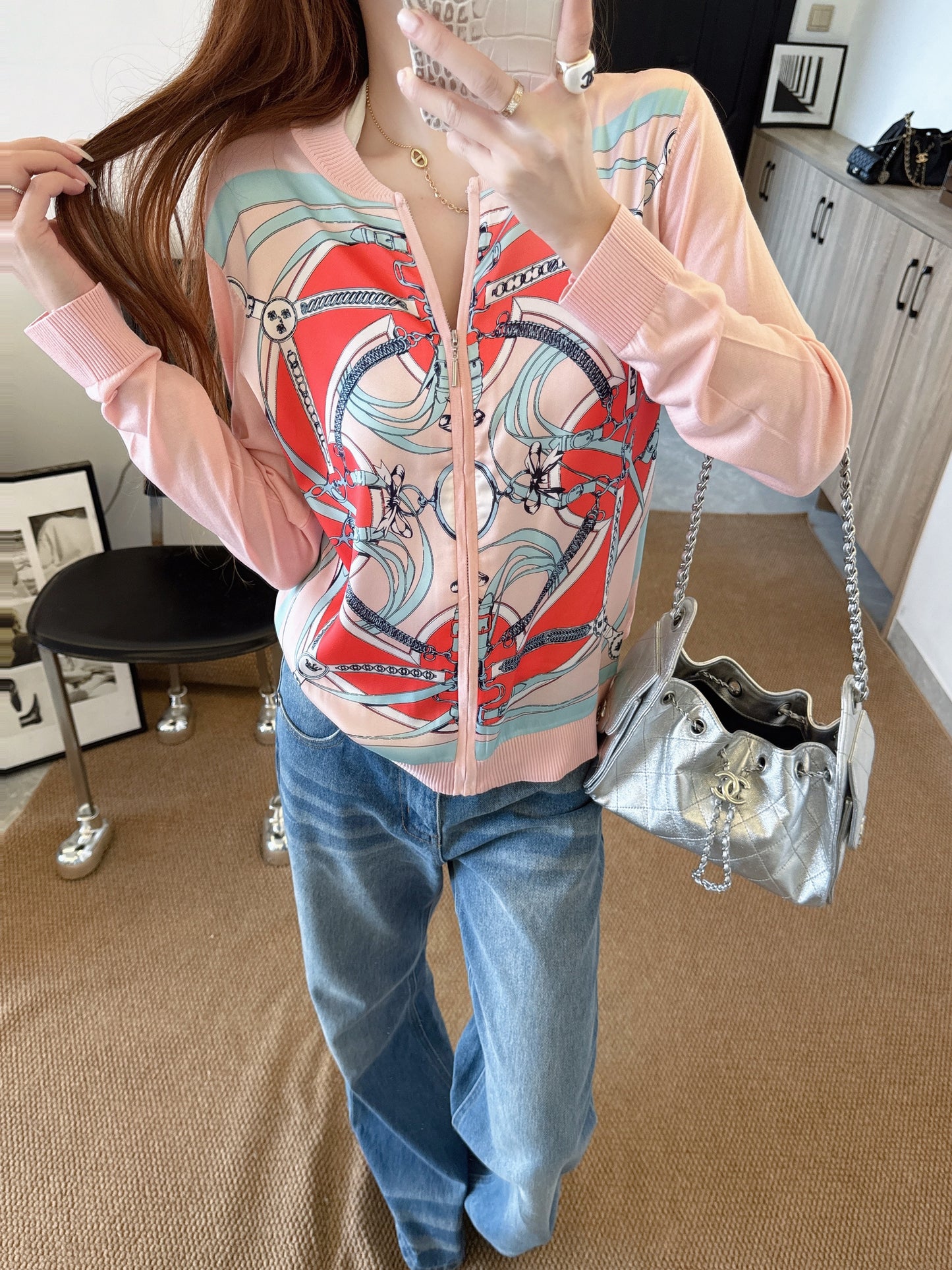 26SS NEW Printed pattern patchwork knitted cardigan