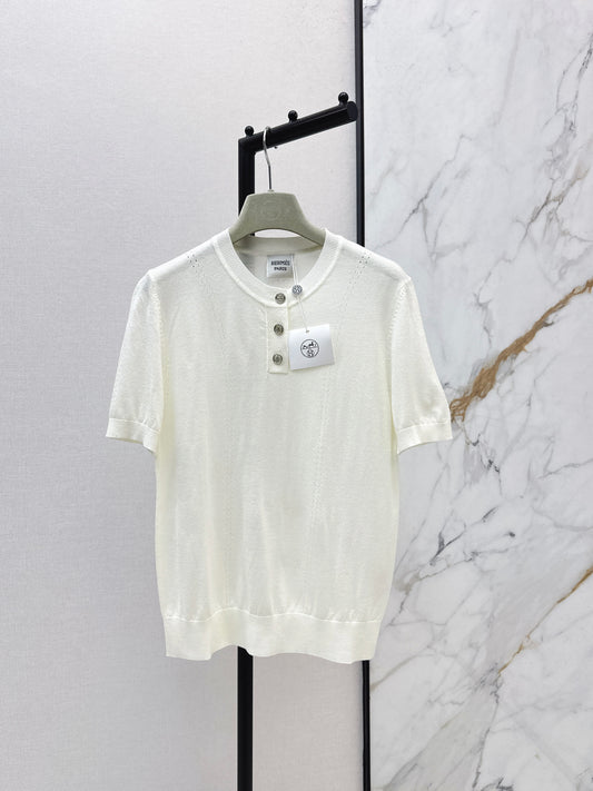 26SS NEW Metal buckle wool knitted short-sleeved top