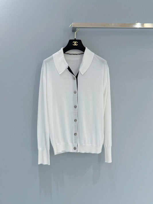 26SS NEW White lapel contrast placket knitted cardigan