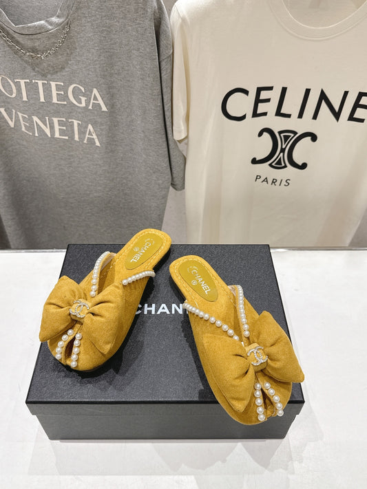 26SS NEW Pearl bow flat slippers