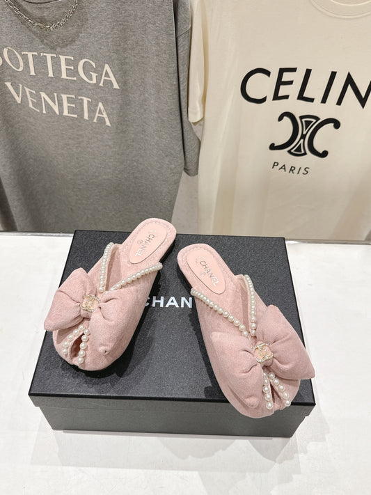 26SS NEW Pearl bow flat slippers