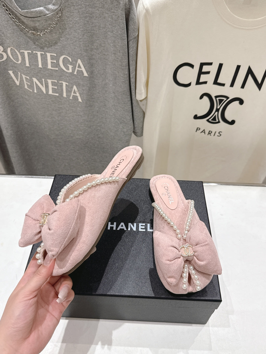 26SS NEU Perlen Schleife flache Slipper