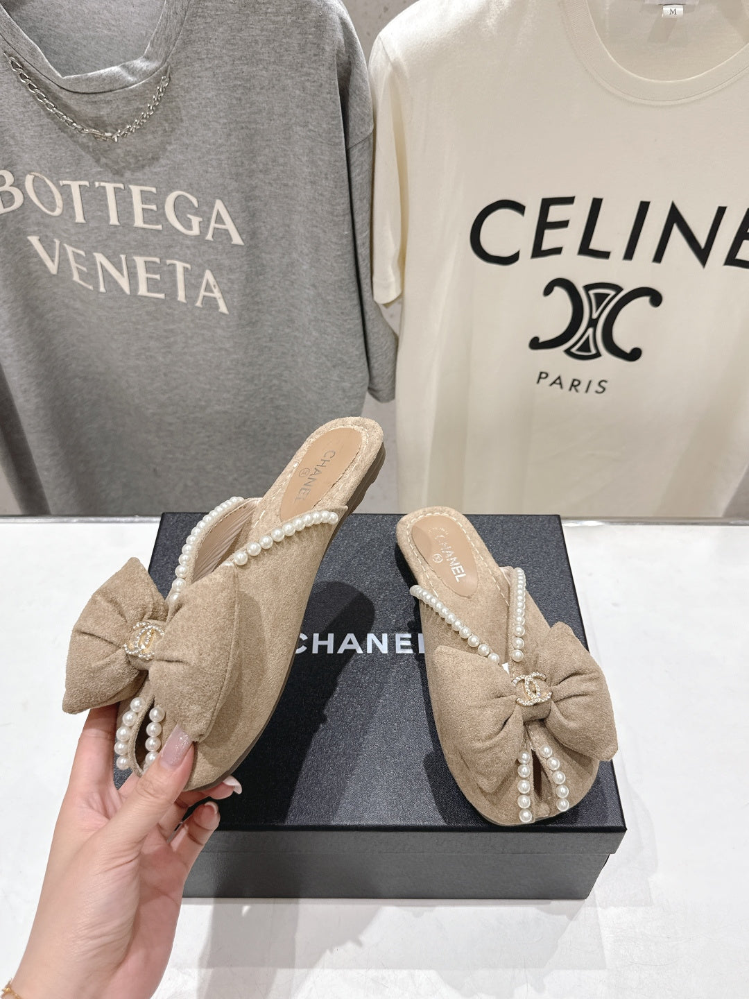 26SS NEU Perlen Schleife flache Slipper